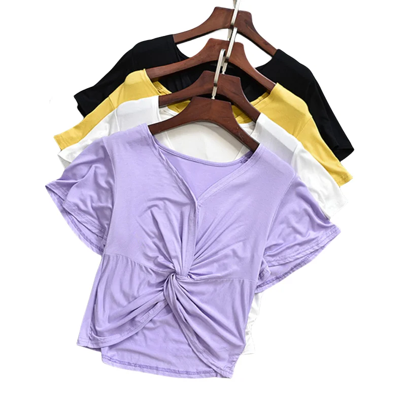

вязаный топ plus size women Summer casual Modal cotton pleated short sleeve shirt, sexy office lady slim fitting blouse tops