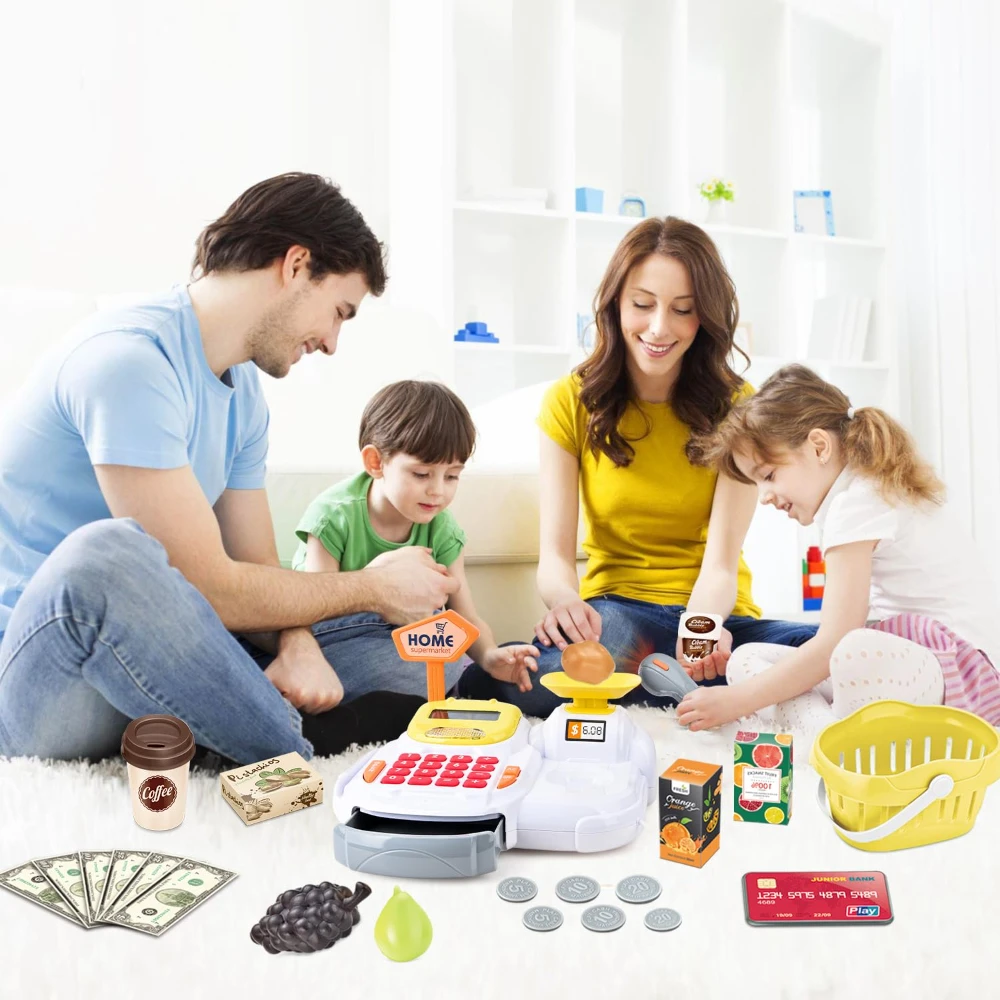 WizKidz Pretend Play Cash Register Toy with Scanner Sounds Calculator Credit Card Reader Play Food Money for Kids 3 Years Plus