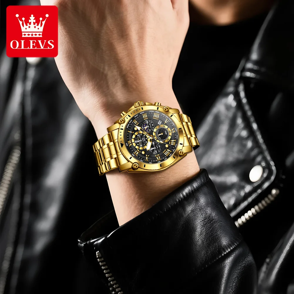 OLEVS 3689 Men's Watch Roman Scale Luxury Quartz Watch For Men Big Dial Moon Phase Date Waterproof Luminous Male Wristwatch