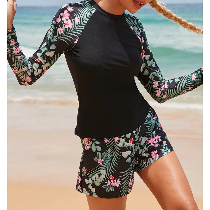 Summer Long Sleeve Two Pieces Surfing Swimsuit Women Tankini Floral Swimwear Female Rash Guard Beachwear Bathing Suit Shorts Set