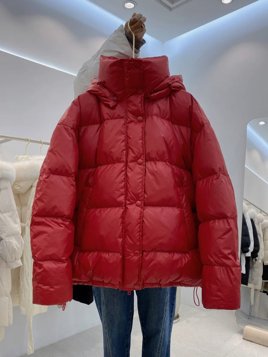Schinteon Women White Duck Down Jacket with Removable Hood Warm Autumn Winter Outwear Simple Solid Color Casual Over Size Coat