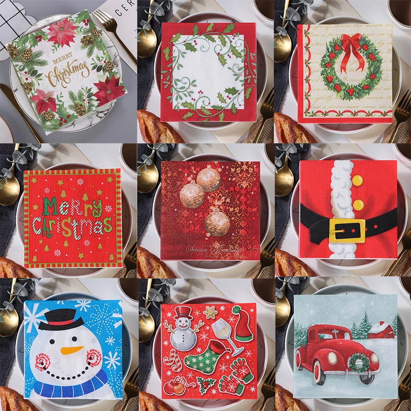 Paper Napkins Tissue Paper Decoration Paper Christmas Napkins Disposable Soft Paper Wipes Snowman Printed Tissue Home Party Placemat Decoration Cutlery Supplies