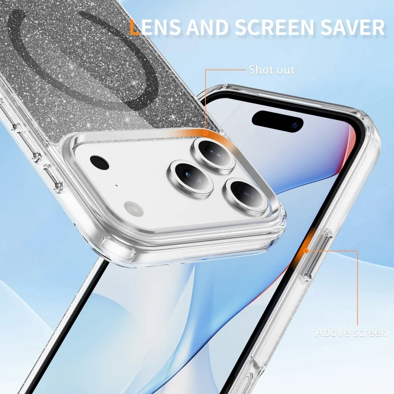 Glitter Clear MagSafe Magnetic Phone Case with Alloy Buttons and Anti-Fall Protection