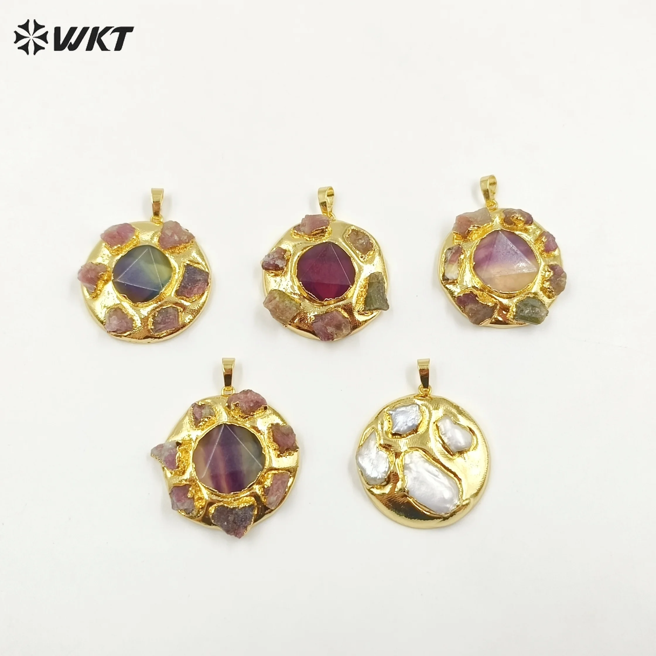 

WT-P1942 WKT Exclusive 18K Real Gold Plated Big Round Raw Chunky Tourmaline Jewelry Pendant Freshwater Pearl Charms