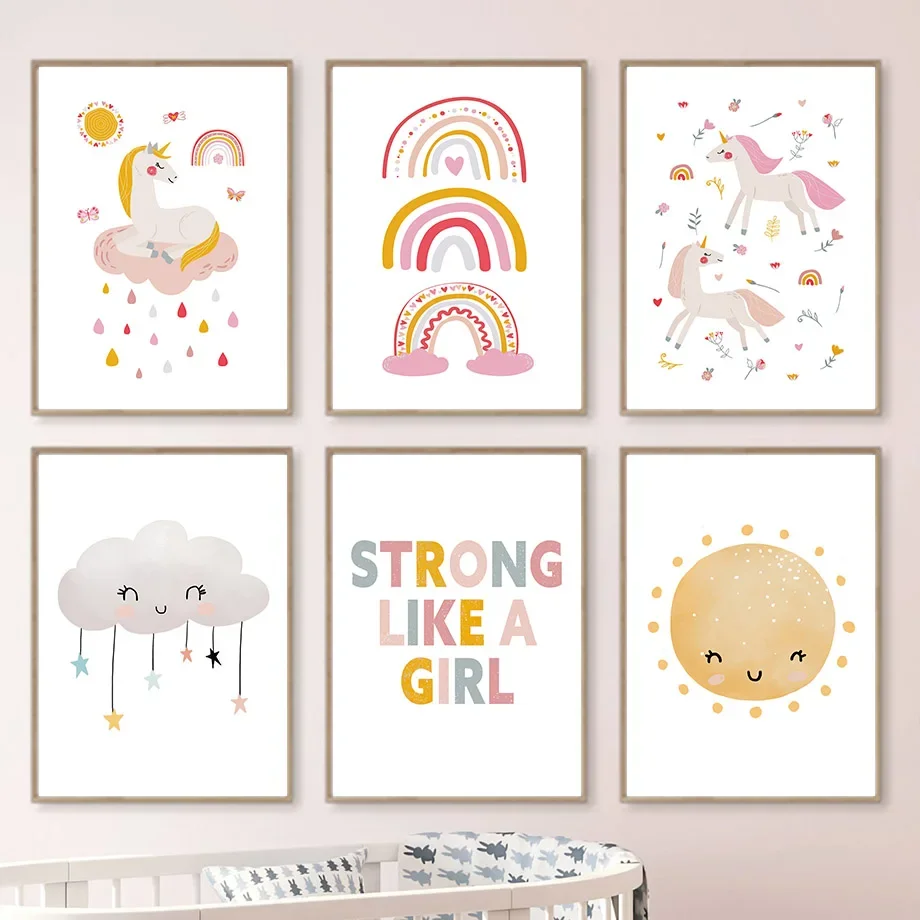 

Kawaii Cartoon Unicorn Rainbow Sun Cloud Baby Nursery Posters Canvas Painting Wall Art Print Pictures Kids Girls Room Home Decor