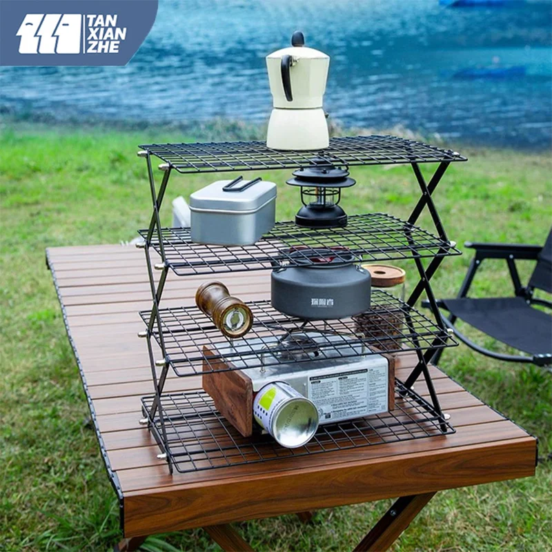TANXIANZHE 4 단 랙 야외 보관 선반, 접이식 선반, 휴대용 캠핑 피크닉 바비큐 보관 랙, 정원 접이식 테이블 