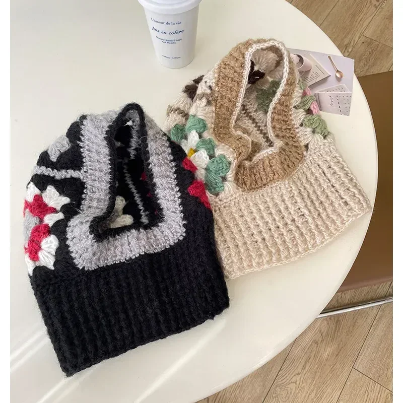 Handmade Crochet Balaclava Hats for Women Autumn and Winter Wool Knitted Pullover Beanies Cap Neck Warmer Female Hooded Caps 5