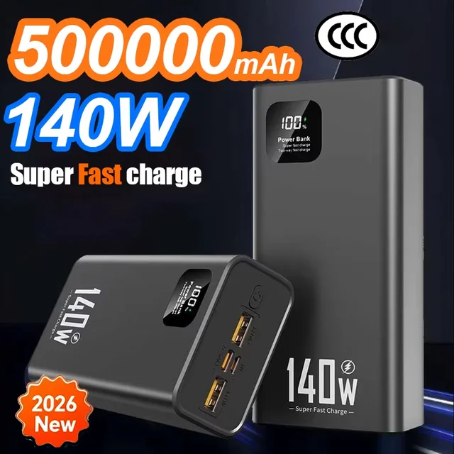 140W 500000mAh High Capacity Power Bank Super Fast Charging CCC Portable Battery Charger for iPhone 12-17 Samsung 2026
