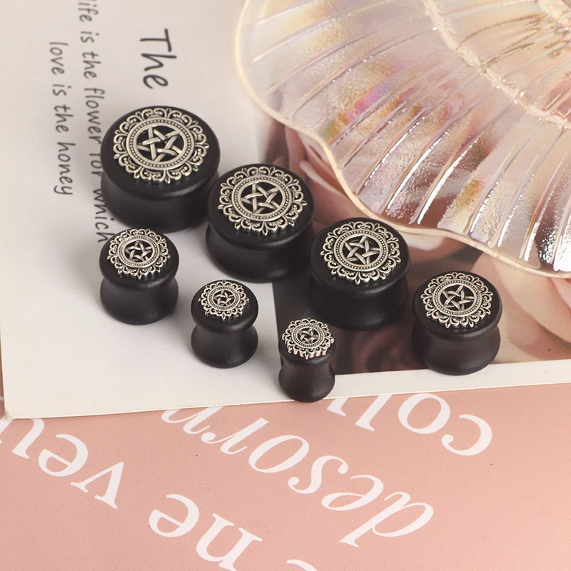 Black Natural Wood Mandala Flower Ear Plugs Tunnels Ear Expanders Earring Gauges Piercing Plug Ears Body Jewelry