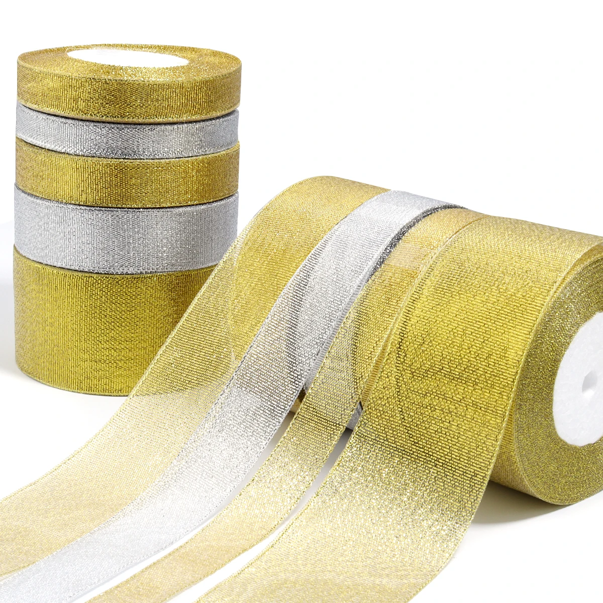 Silver Gold Glitter Silk Satin Ribbon for Party and Home Decorations - 25 Yards
