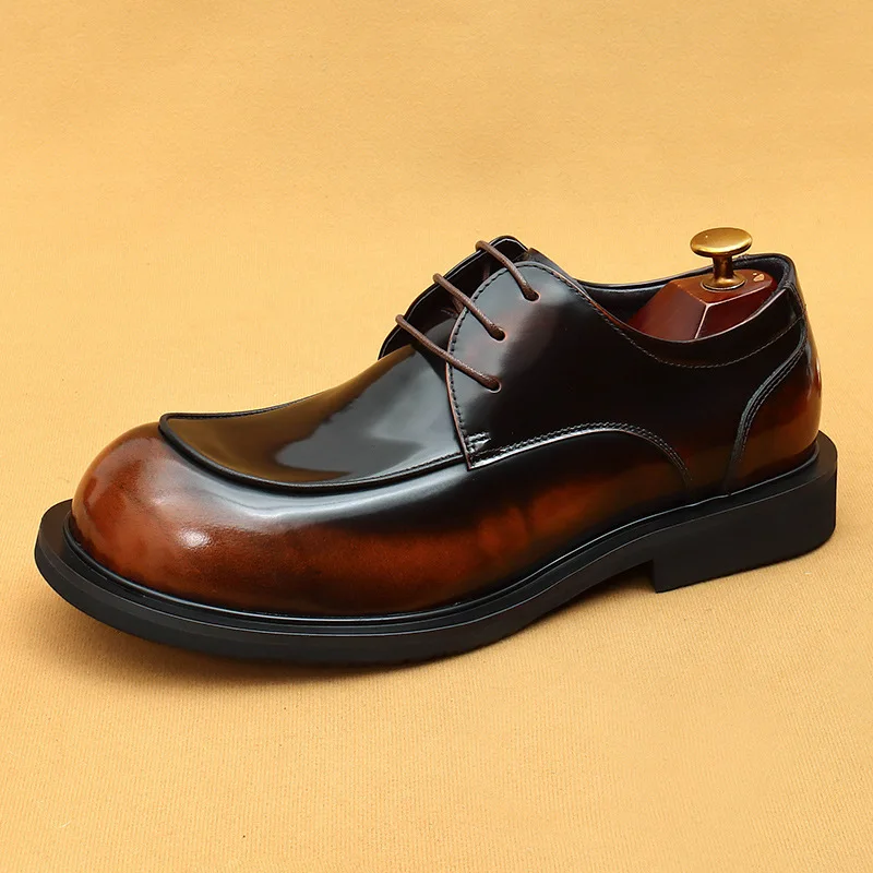 Men's business lace up casual leather shoes British big toe shoes cowhide patent leather round toe derby Retro men's