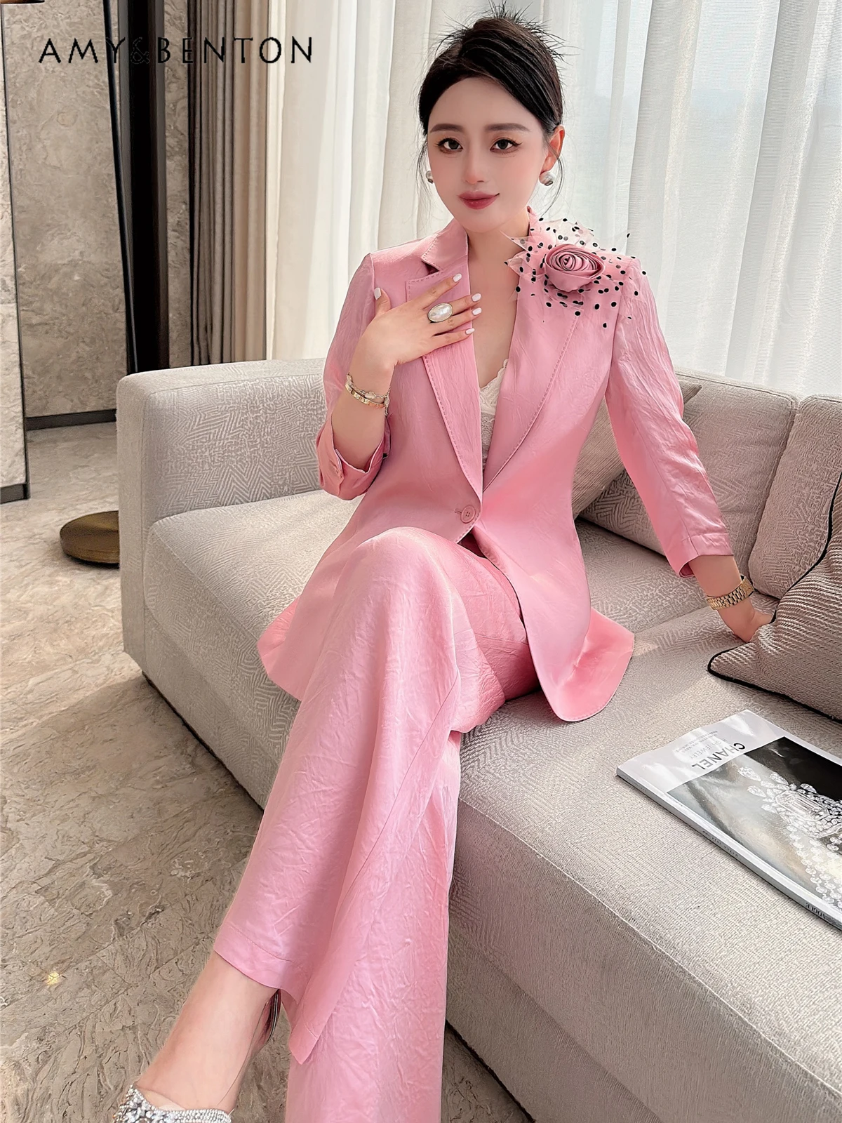 Summer Socialite Temperament Suit High-Grade Acetate Slim Suit Jacket Wide-Leg Pants Office Lady Two Piece Sets Womens Outifits