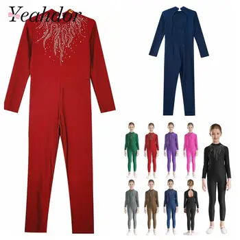 Teen's Gymnastics Jumpsuit Kids Girls Rhinestones Bodysuit Children Long Sleeve Dance Leotard Yoga Figure Skating Dancewear 1