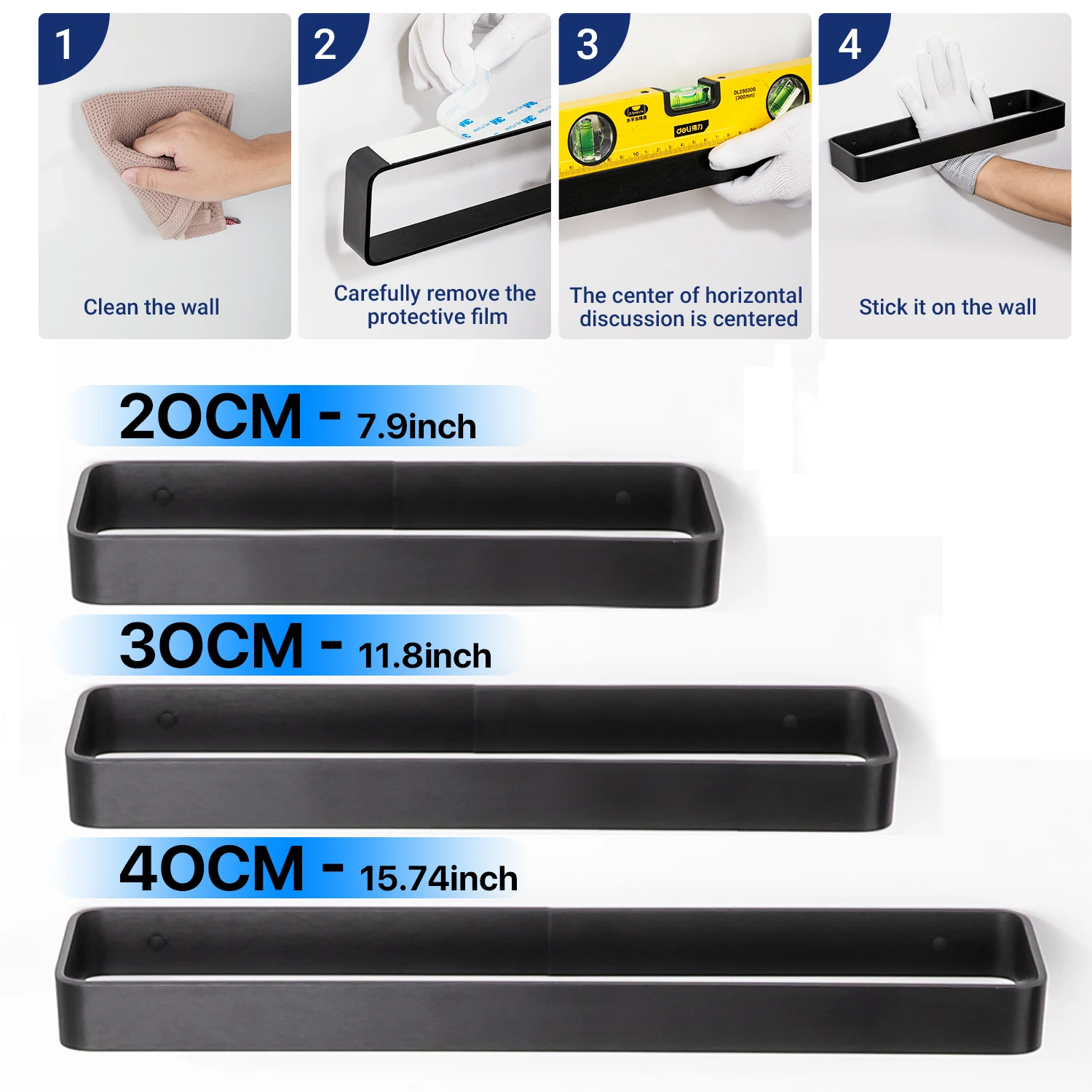 Bathroom Towel Rack Towel Holder 20/30/40CM Black Bar No drill Wall Mount Stainless Steel Kitchen Cabinet Storage