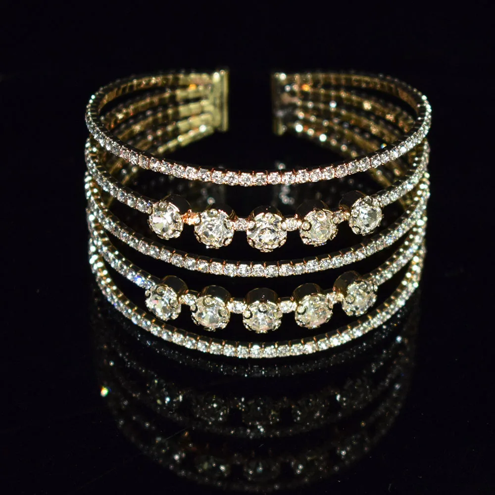 Full Rhinestone 3/5 Row Crystal Open Bangle Multi-Color Rhinestone Women's Bracelets and Bangles Wedding Bridal Jewelry 4