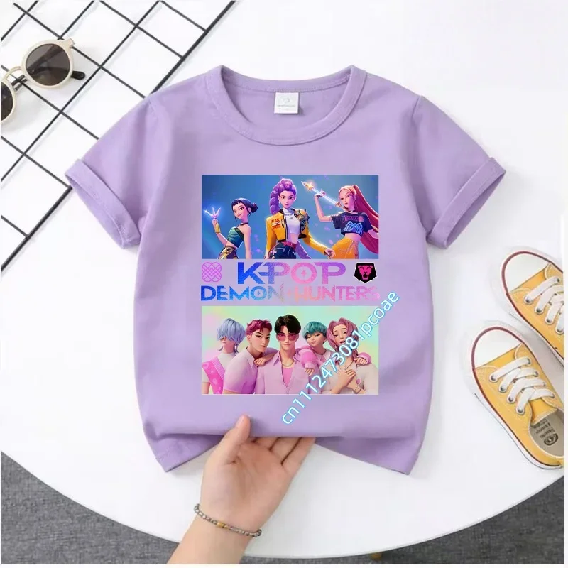 Summer Kpop Demon Hunters Kids Cartoon Anime Meme T-Shirt - Round Neck Casual Boys Top Gift