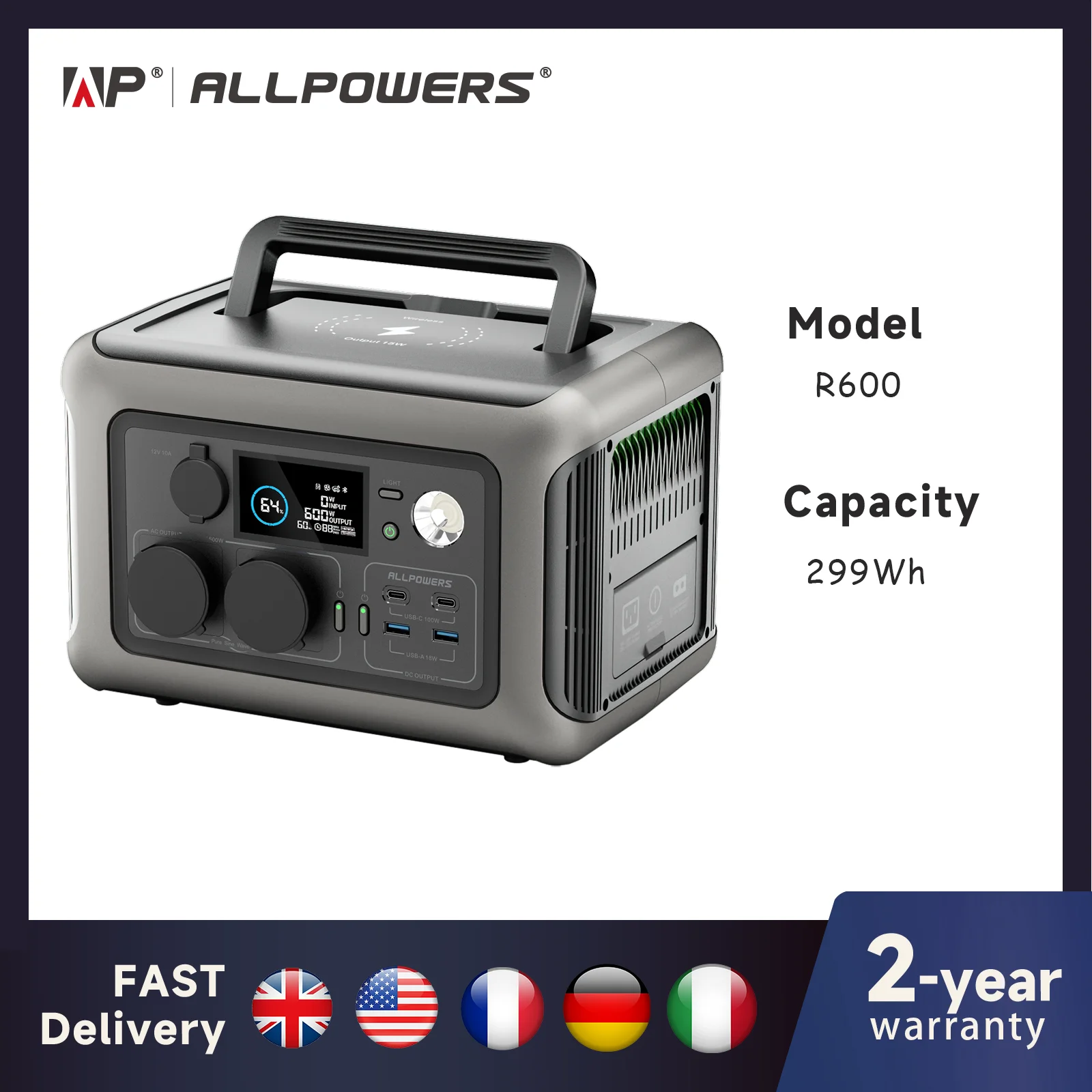 ALLPOWERS Portable Power Station R600, 299Wh LiFeP04 Battery with 2x 600W (1200W Surge) AC Outlets for Outdoor Camping RV Home 1