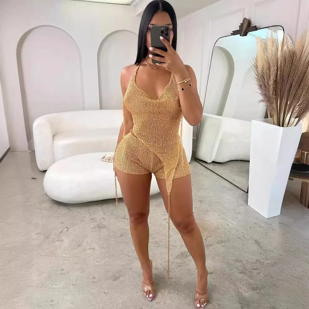 European and American foreign trade women's clothing Amazon sexy shaping cross-border sexy hollow out sequin three piece set