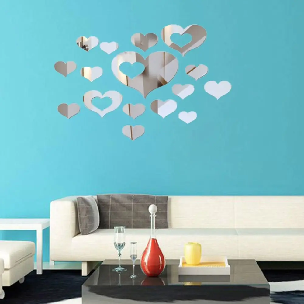 16Pcs/set Decorative Heart Shaped Mirror Stickers DIY Heart Shaped Acrylic Wall Stickers Removable Self-adhesive Love Art Mural