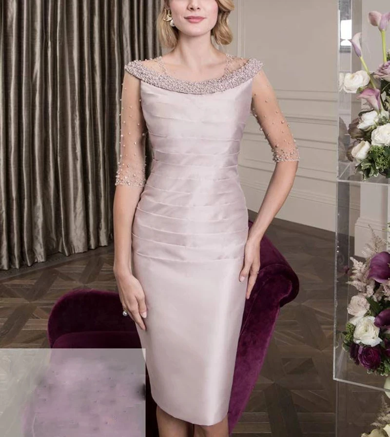 

Elegant Half Sleeves Mother Of The Bride Dresses Sheath Knee Length Pearls Guest Party Groom Gowns Robe De Soiree