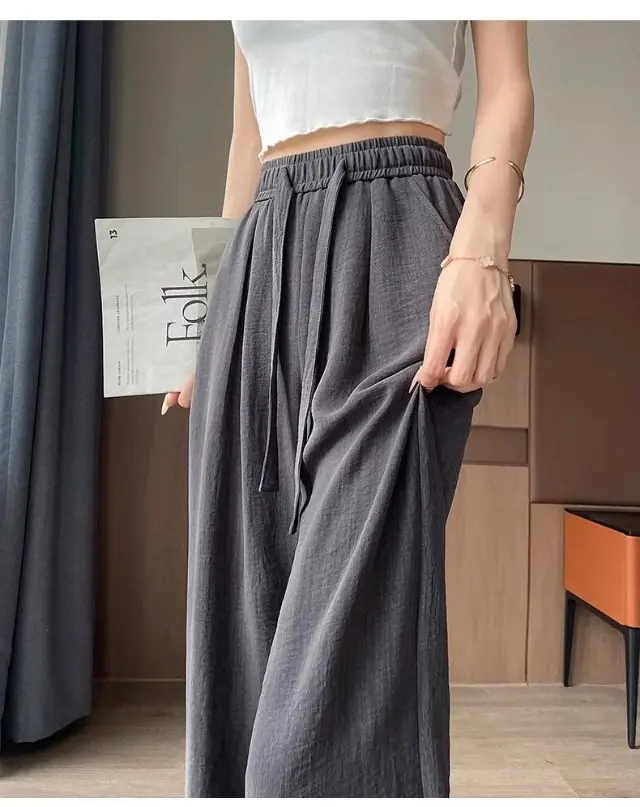 Women's High Waist Wide Leg Pants 2026 Summer Ice Silk Linen Loose Fit Flowy Straight Leg Casual Trousers Women Pants Sweatpants_ecoleips.com
