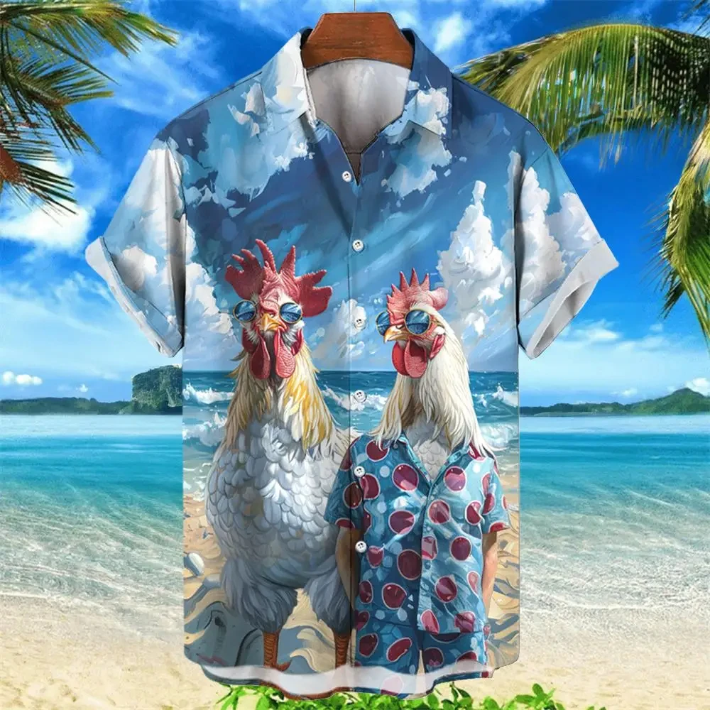 Hawaii Herren hemd Cartoon 3d Tier Huhn Druck Tops Sommer Mode Urlaub Kurzarm Hemden Revers Knopf Kleidung