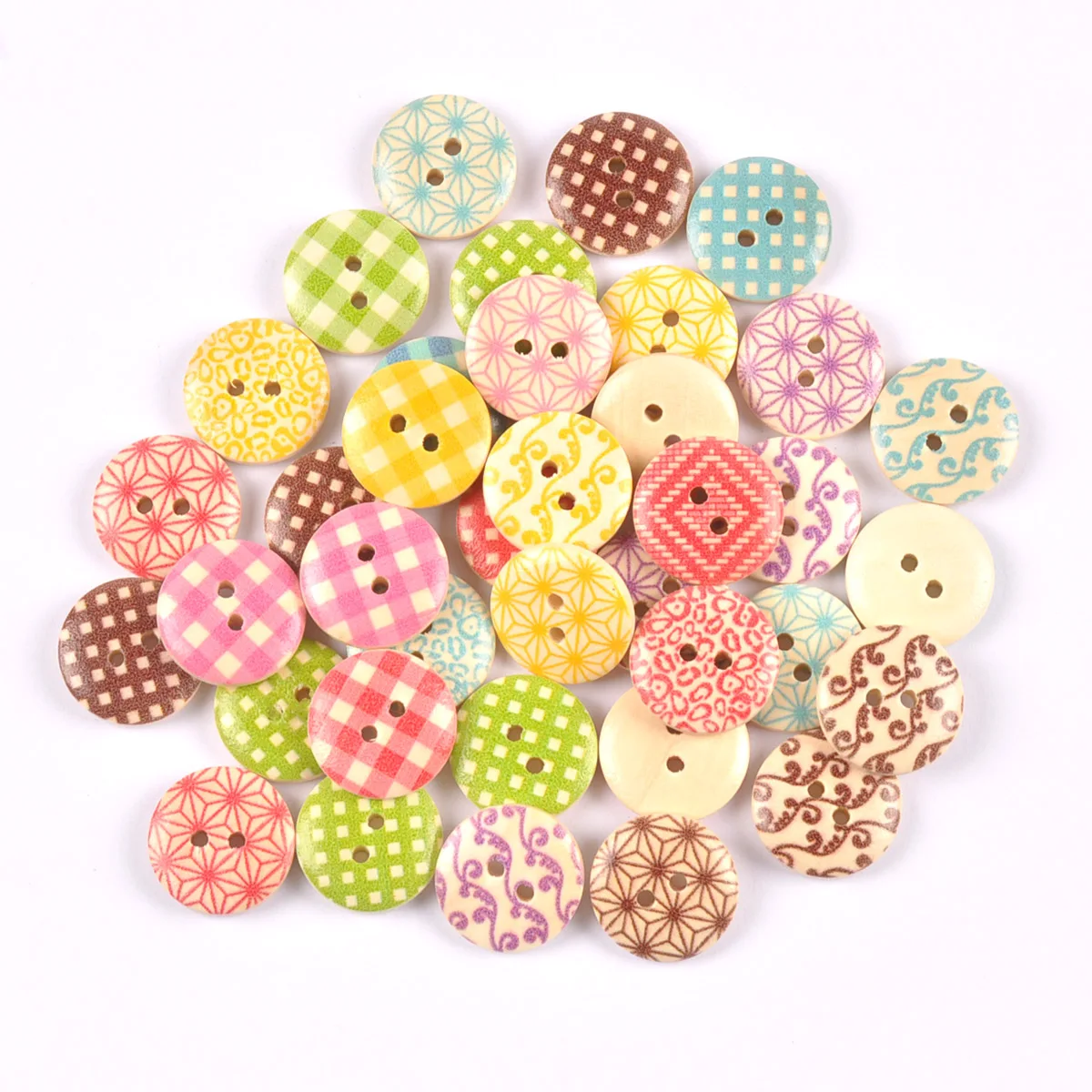 50pcs 1.8cm Geometric Grid Patterns with Two Hole Wooden round Buttons Handmade DIY Sewing for Clothing Decoration