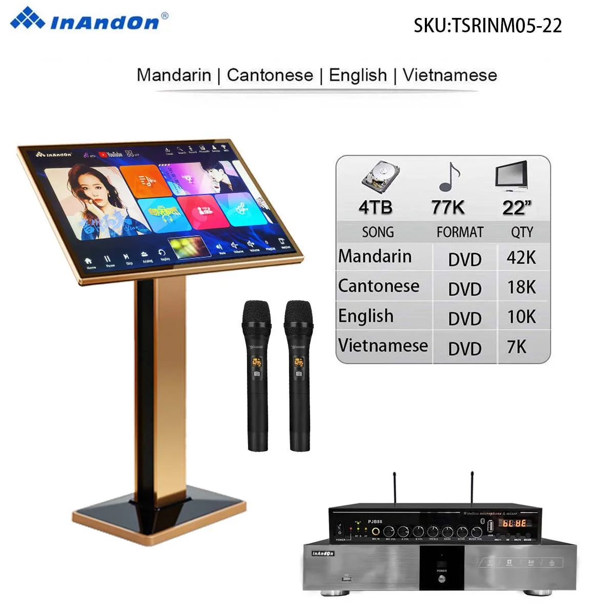 TSRINM05-4TB 77K 22" MIC Inandon Touch Screen Karaoke System Mixer Machine Intelligent Voice Keying Movie Dual System Score