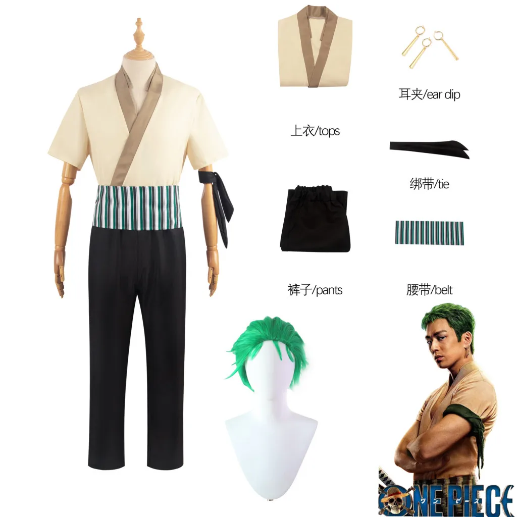 

Movie Roronoa Zoro Cosplay Costume With Earrings Turban Headpiece Men Halloween Carnival Anime Roleplay Outfit Wig