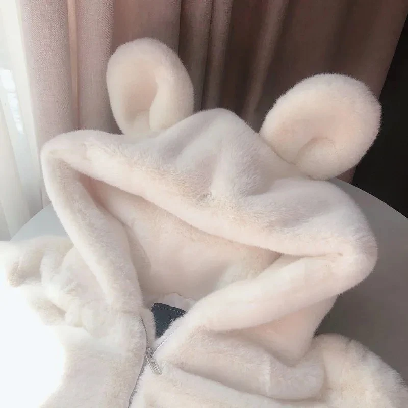 Autumn Winter Fleece Flannel Harajuku Loose Casual Warm Hoodies Ladies Coats Soild Sweet Hooded Women Pullover Female Sweatshirt