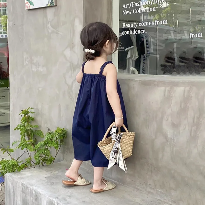 

2023 Girls' casual versatile solid color suspender wide leg jumpsuit