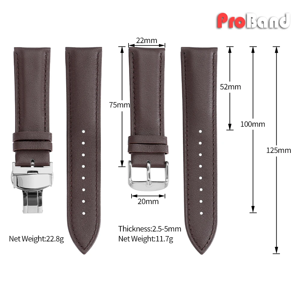 Elegant Leather Watch Band with Gold Butterfly Buckle - Soft Black & Brown Wristbelt