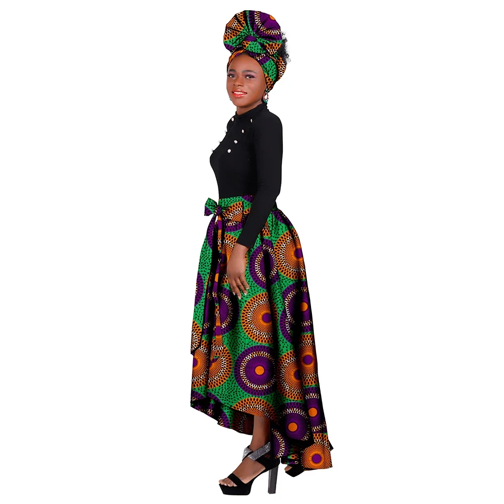 African Ankara Print Skirts for Women Maxi Dashiki Long Skirt Fashion Elegant Elastic Waist with Head Scarf Cotton Wy10072