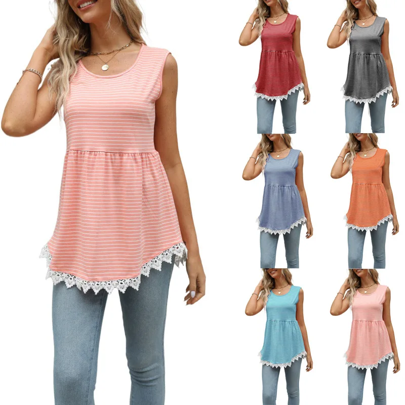 

European and American summer new striped lace patchwork tank top for women