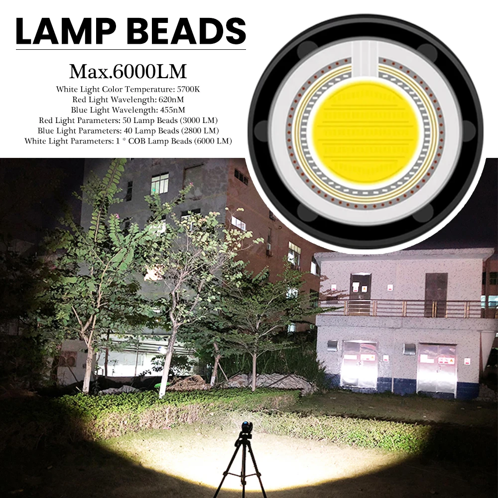 Asafee DRC01 수중 다이빙 손전등, 500m 대형 COB 레드 블루 다이빙 라이트, 방수 사진, 다이빙 필 라이트, 80m, 6000LM