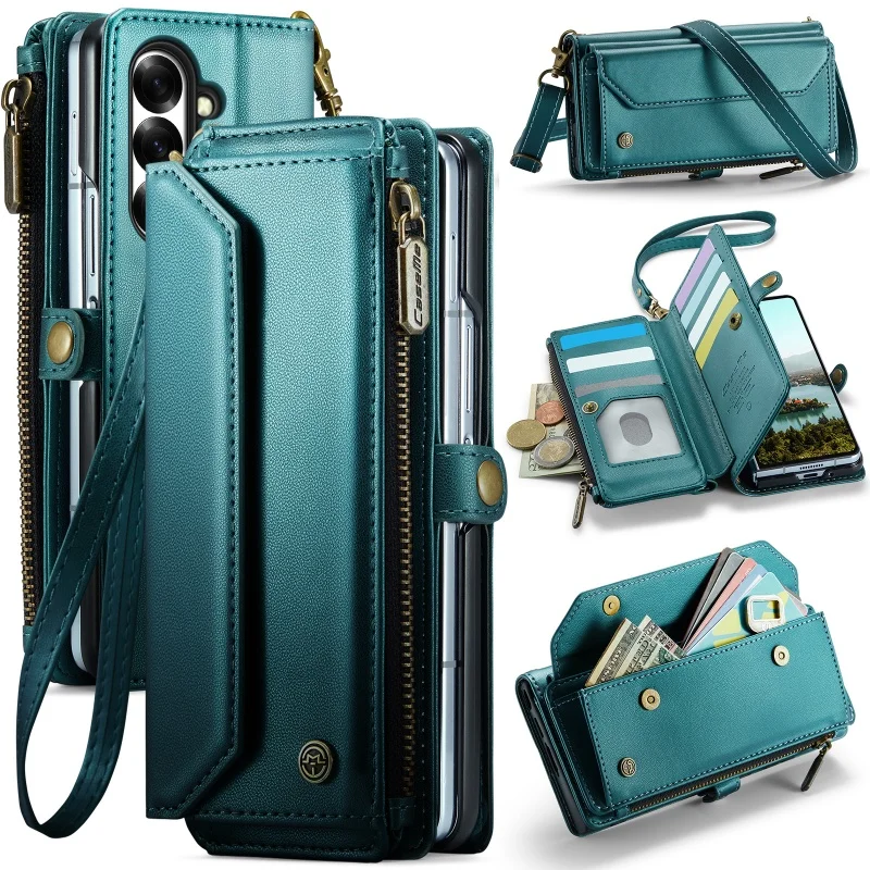 Lanyard Leather Zipper Wallet Card Phone Case with Crossbody Flip Stand Cover