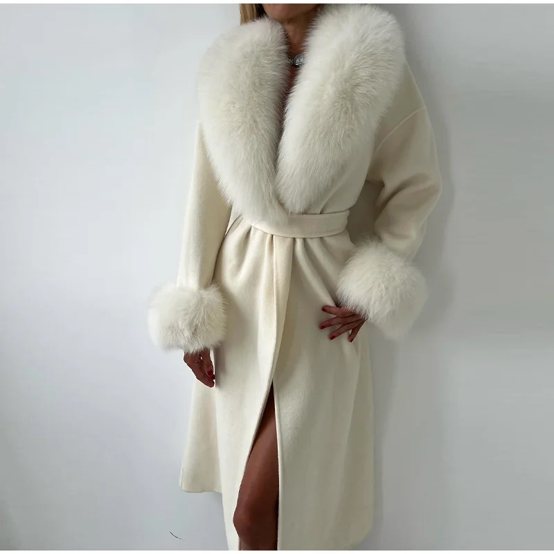 Damen-Brochen-weißer langer Wollpelzmantel, großer Pelzkragen, Gürtel, volle Ärmel, Mantel, 2025, Herbst, elegante, luxuriöse Damen-Oberbekleidung – Detail 17