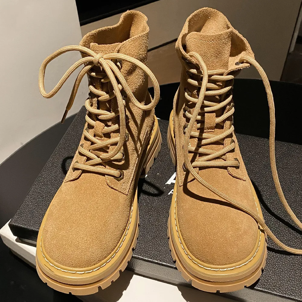 

Women's natural suede leather thick sole platform flats autumn lace-up autumnn ankle boots casual female punk short booties shoe
