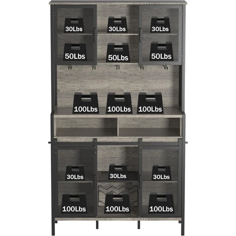 Bar Cabinet with LED Lights, 72" Tall Wine Bar Cabinet Liquor Cabinet with Sliding Barn Door and Glass Holder, Coffee Bar Statio 5