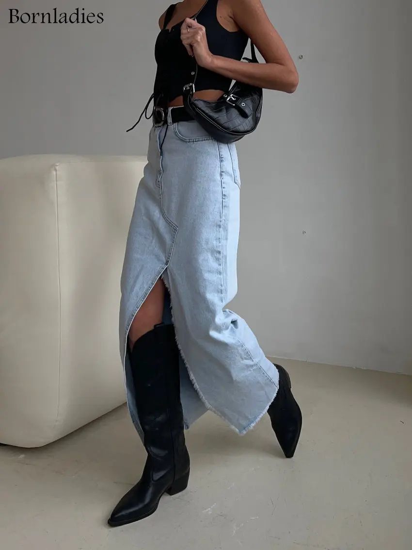 

Bornladies Chic Blue Denim Skirts For Women Elegant High Waist Slit Long Skirt Streetwear Casual Fashion Faldas Female Clothing