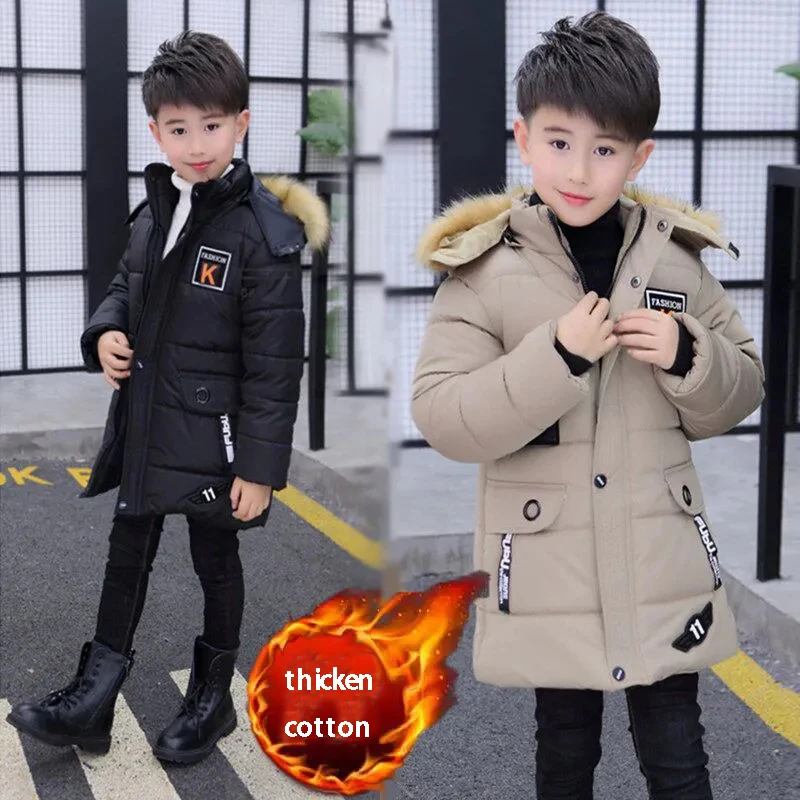 Children Jackets Boys Long Jacket Coat Overcoat Cotton Blue Black Khaki Warm Thicken Winter Plus Size Children's Clothing