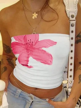 Women's Floral Printed Tube Top Summer Sexy Off the Shoulder Crop Top Streetwear 1