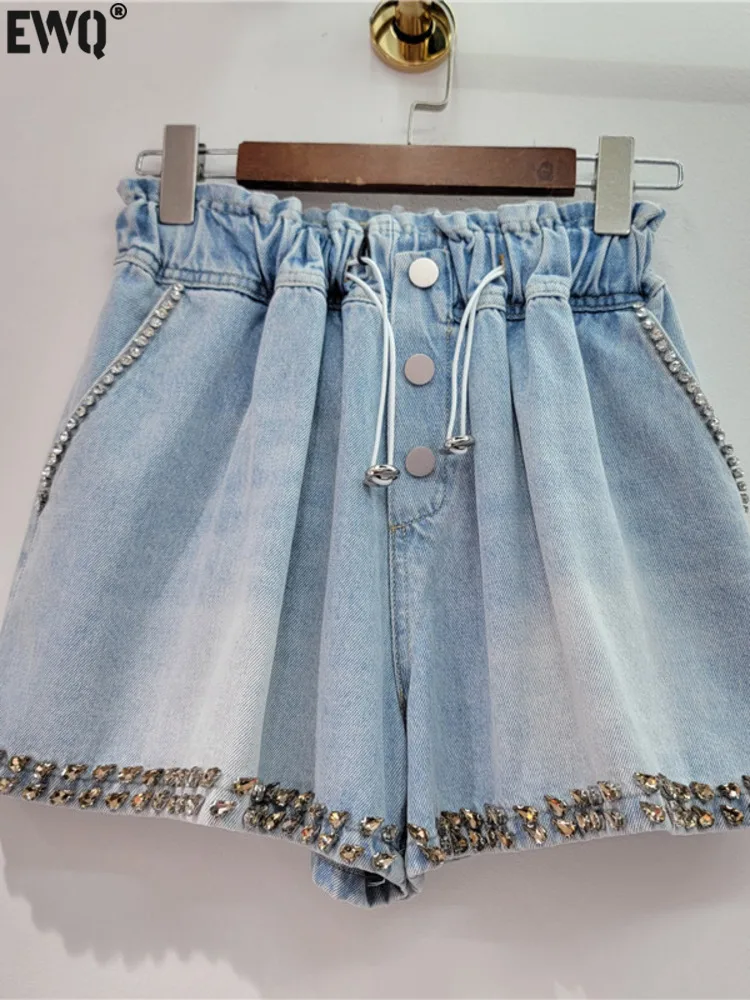 

[EWQ] Casual Blue Diamond Studded Bead High Waist Wide Leg Denim Shorts Women's Drawstring Short Pant 2024 Spring Summer 16U9048