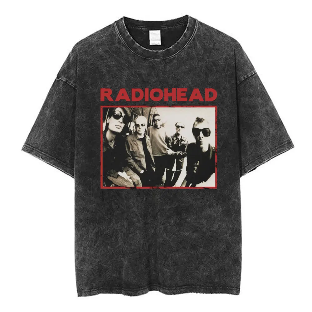 Radiohead Rock Band OK Computer Vintage Washed T-shirt Men Women Fashion Hip Hop T Shirts 100% Cotton Casual T-shirts Streetwear 5