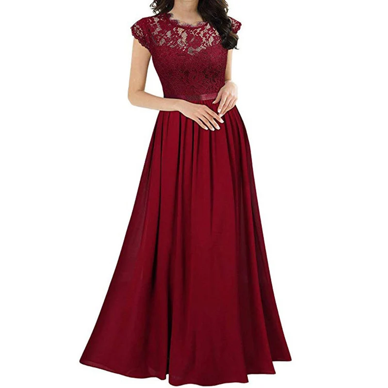 

Женское шифоновое платье в стиле пэчворк, летнее однотонное платье с цветочным кружевом и О-образным вырезом, Длинное Элегантное платье с коротким рукавом
