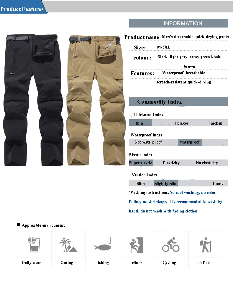 NUONEKO New Elastic Mens Hiking Pants Outdoor Sport Summer Quick Dry Waterproof Detachable Camping Trekking Climbing Cargo Pants
