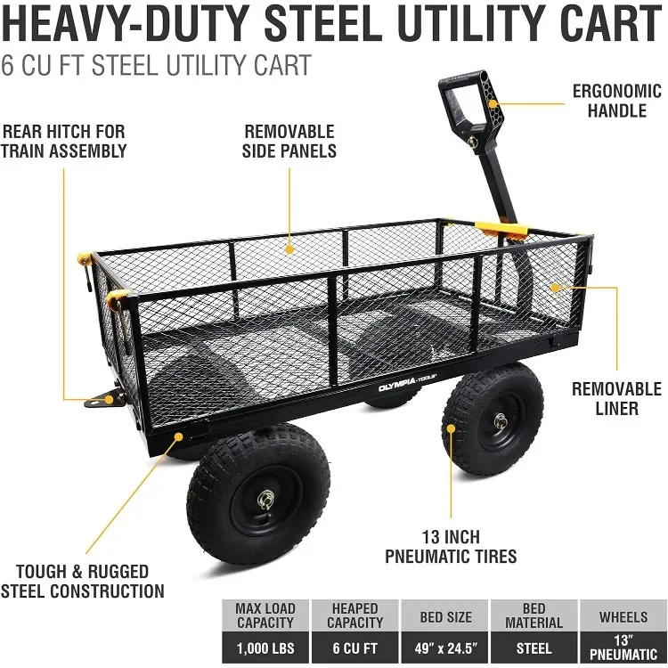 Heavy Duty 1,000lbs 6-cu ft Steel Utility Garden Cart, with Removable Mesh Sides to Convert into Flatbed, Lawn and Garden cart