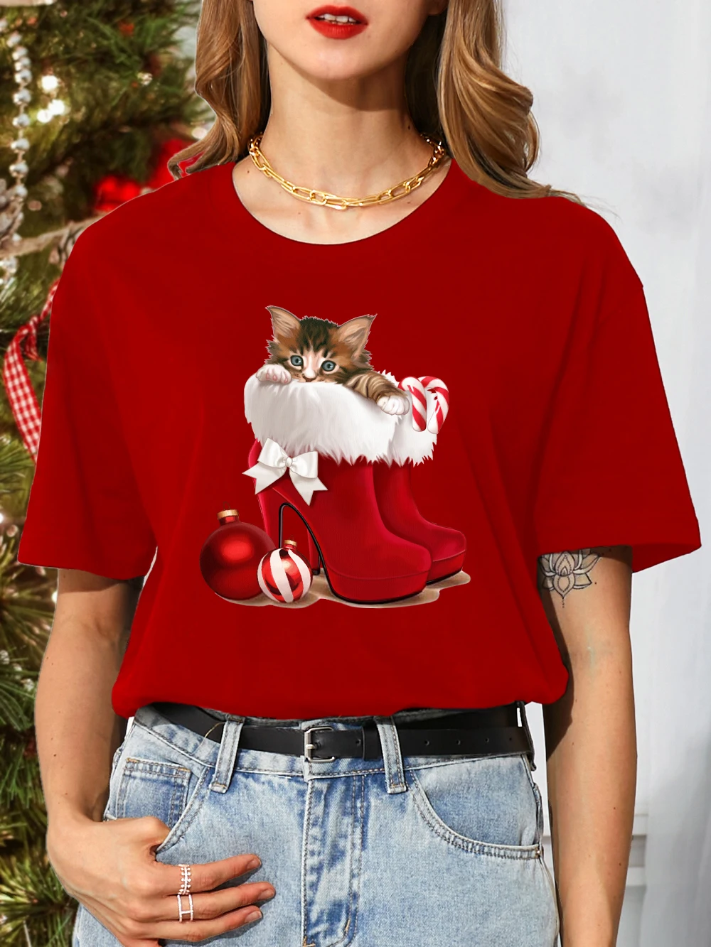 

Christmas Dog Tshirt Cute Cartoon Christmas Cat and Dog Print T-shirt Casual Couple Short Sleeve Harajuku Kawaii Clothes Tees