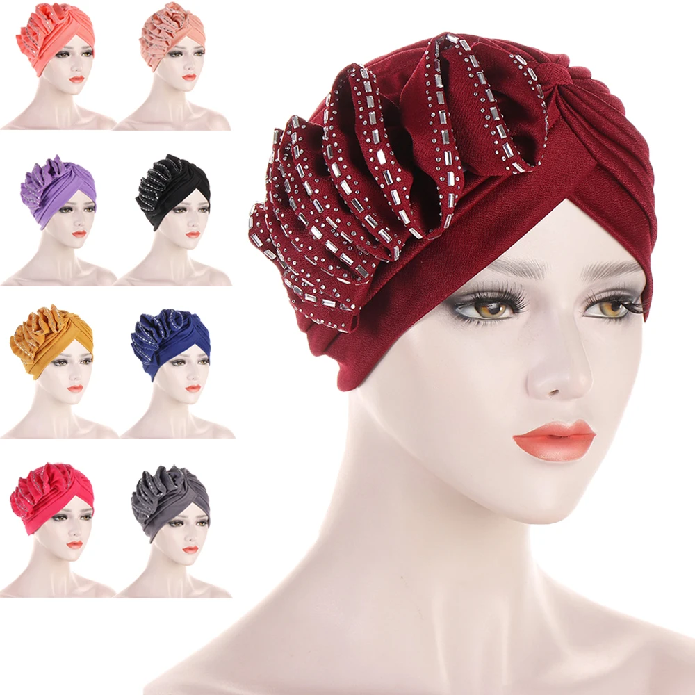 

India Flower Diamonds Muslim Women Hijab Chemo Cap Bonnet Cancer Hair Loss Hat Beanies Headwrap Scarf Turbante Headcover Bandana