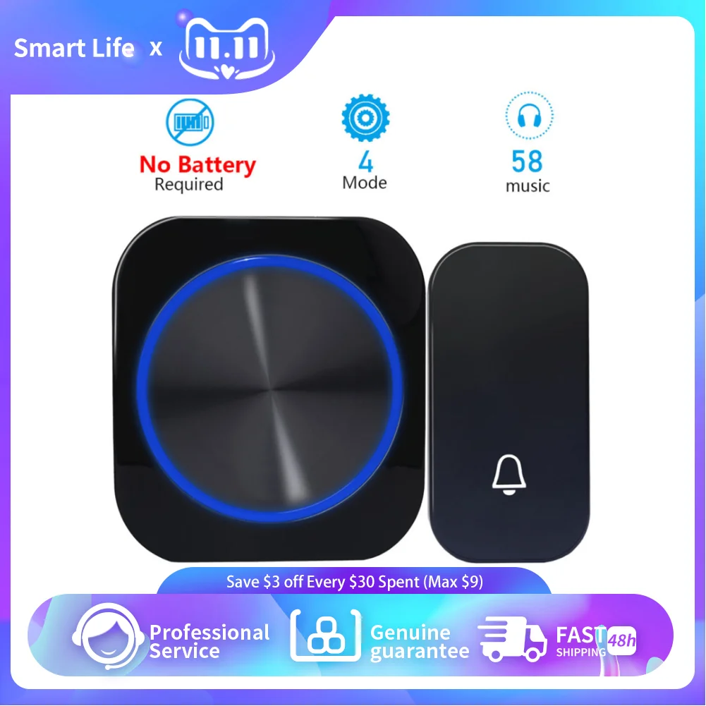 

New Self Powered Home Waterproof Wireless DoorBell Night Light No Battery 150M Remote EU Plug Smart Home 1 2 Button 1 2 Receiver